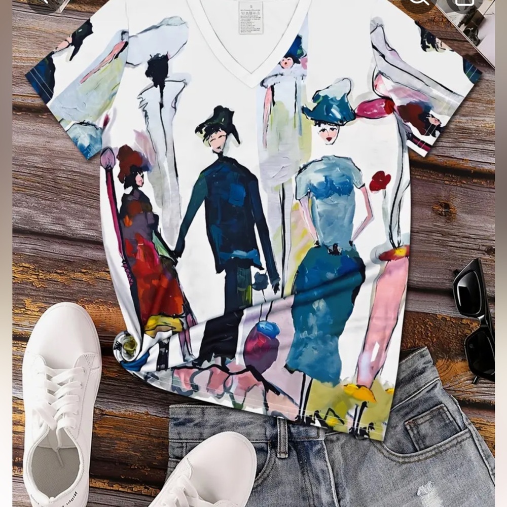 Parisian Inspired Artistic Print V-Neck Women's Top